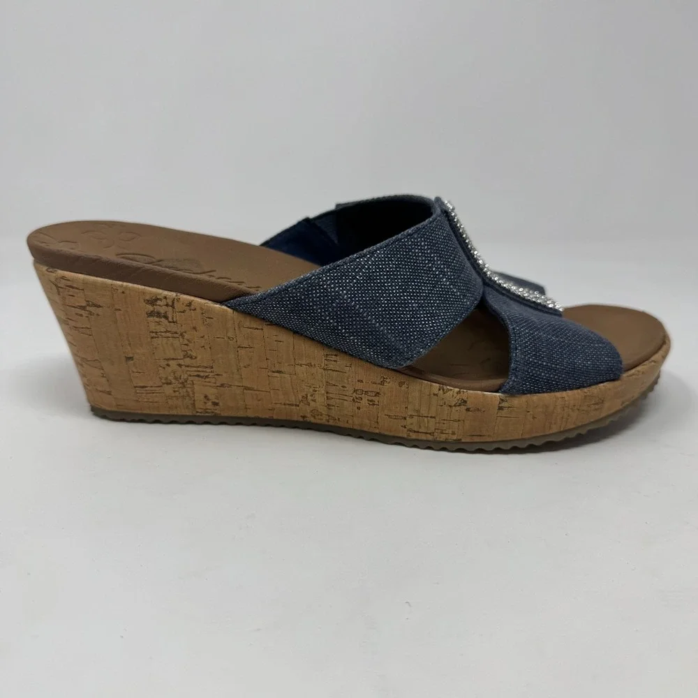 Sketchers Luxe Foam‎ Blue Denim Upper Slide Wedge Sandals 31721 Women's Size 9